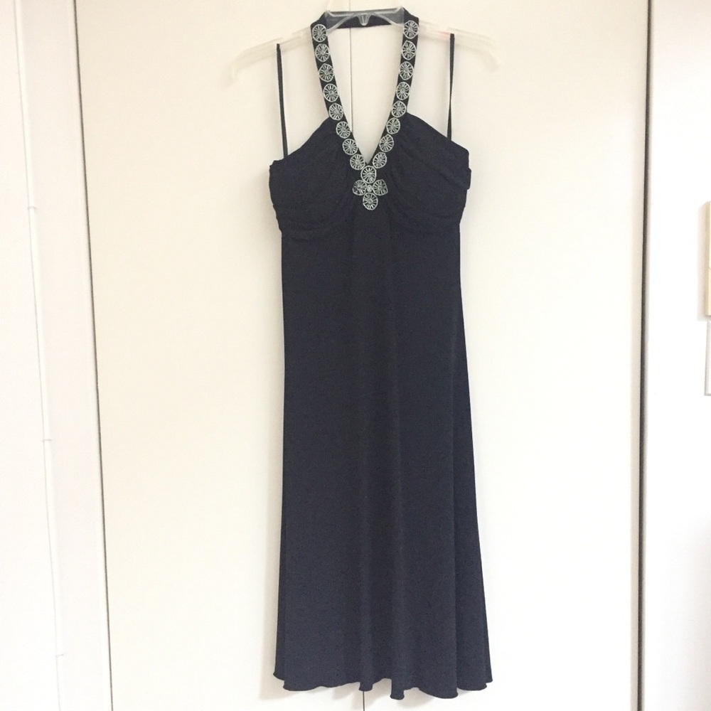 Black halter dress with beaded neckline, size 8